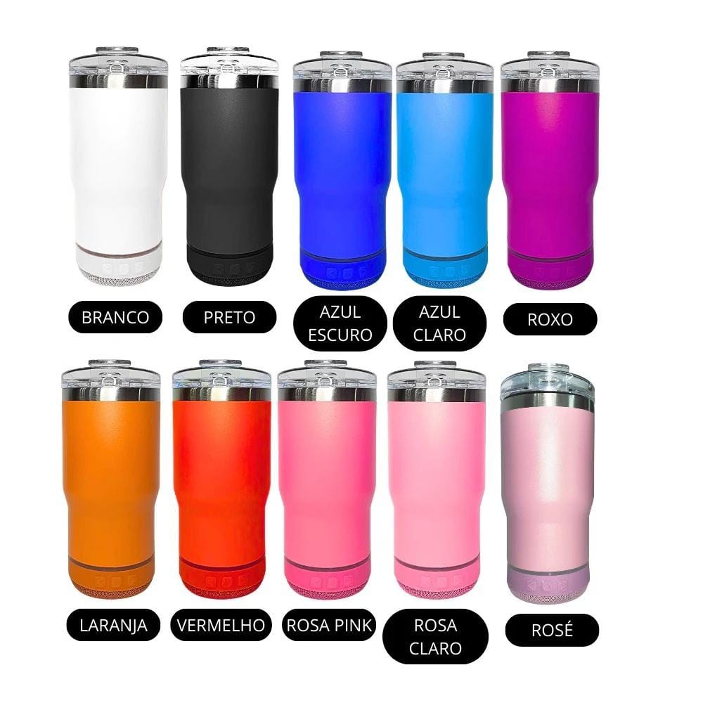 ​Copo Térmico porta longneck Inox com Caixa de Som Bluetooth e tampa e  abridor  – 473ml ​A combinação perfeita de bebida gelada e boa música em um só produto! O Copo Térmico com Caixa de Som Bluetooth traz praticidade e diversão para churrascos, festas, praia, acampamentos e momentos de lazer com amigos e família. ​Além de manter sua bebida trincando de gelada até o último gole, a base conta com um alto-falante Bluetooth acoplável de alta qualidade e tampa com abridor de garrafas integrado! ​ Destaques do Produto: ​Caixa de Som Bluetooth Integrada: Conecte facilmente seu smartphone e curta suas músicas preferidas onde estiver. ​Base Removível: A caixinha de som é rosqueável e removível, facilitando a lavagem e higienização do copo com total segurança. ​Isolamento Térmico de Parede Dupla em Inox: Preserva a bebida gelada por horas ou quente na medida certa sem suar por fora. ​Tampa Acrílica com Vedação e Abridor: Protege contra sujeira/respingos e vem com abridor de garrafas acoplado. ​Carregamento Prático: Acompanha cabo para recarregar a caixinha de som de forma rápida. ​📏 Especificações Técnicas: ​Capacidade: 473 ml ​Material: Aço Inoxidável (corpo), Acrílico (tampa) e Plástico ABS (base da caixa de som) ​Conectividade: Bluetooth ​Itens Inclusos: 1 Copo Térmico Inox, 1 Caixa de Som Bluetooth Removível, 1 Tampa com Abridor de Garrafas e 1 Cabo de Carregamento USB ​Cores Disponíveis: Branco, Preto, Azul Escuro, Azul Claro, Roxo, Laranja, Vermelho, Rosa Pink, Rosa Claro e Rosé